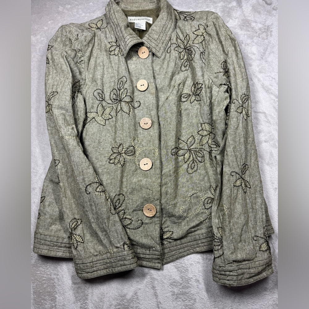 Vintage 90s Requirements Linen Cotton Blend Green Floral Embroidered Jacket XL - Picture 3 of 16